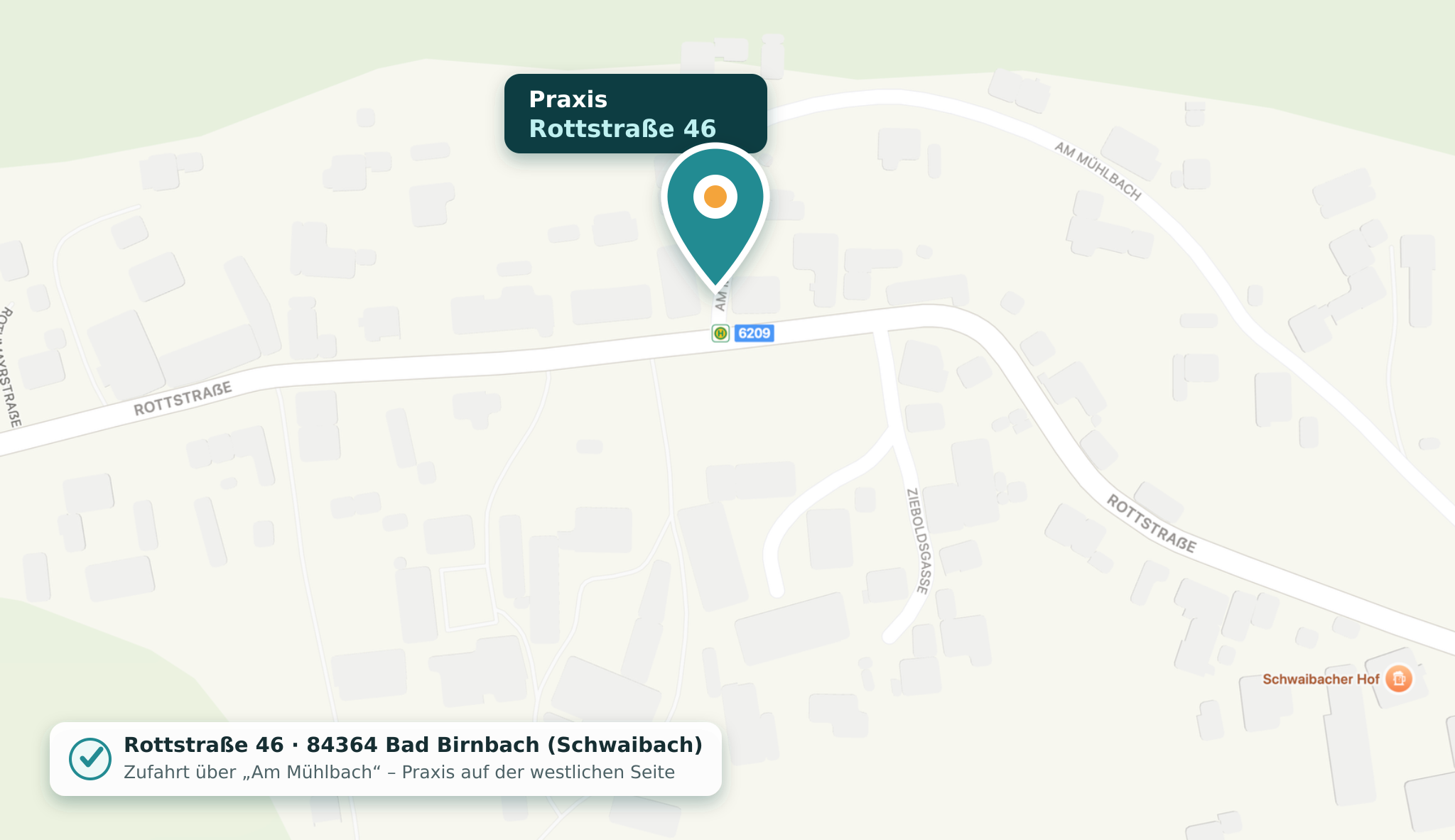 Übersichtskarte zur Praxis Rottstraße 46 in Bad Birnbach-Schwaibach; Zufahrt über Am Mühlbach